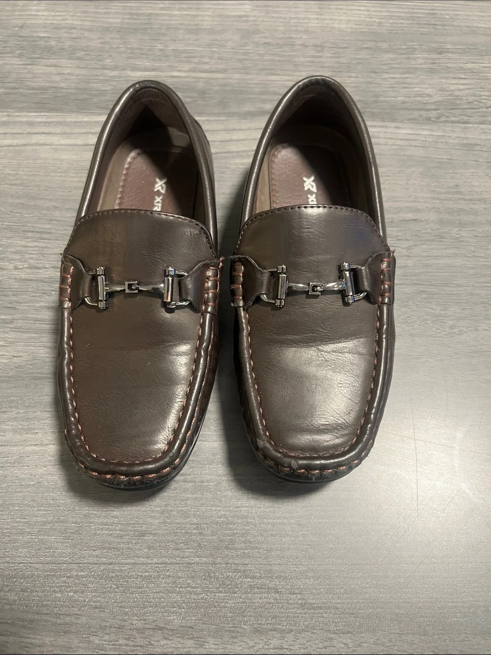 Boys Dark Brown Leather Dress Loafers with Metal Bit Accent